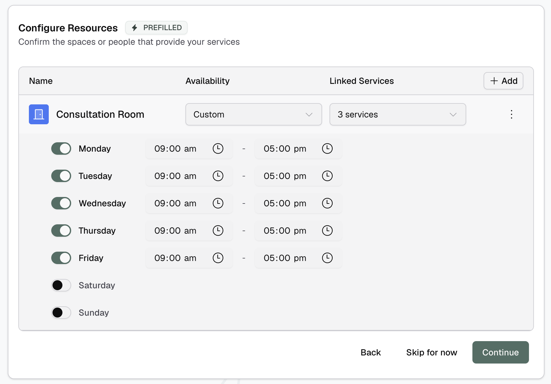 Configure resources screen