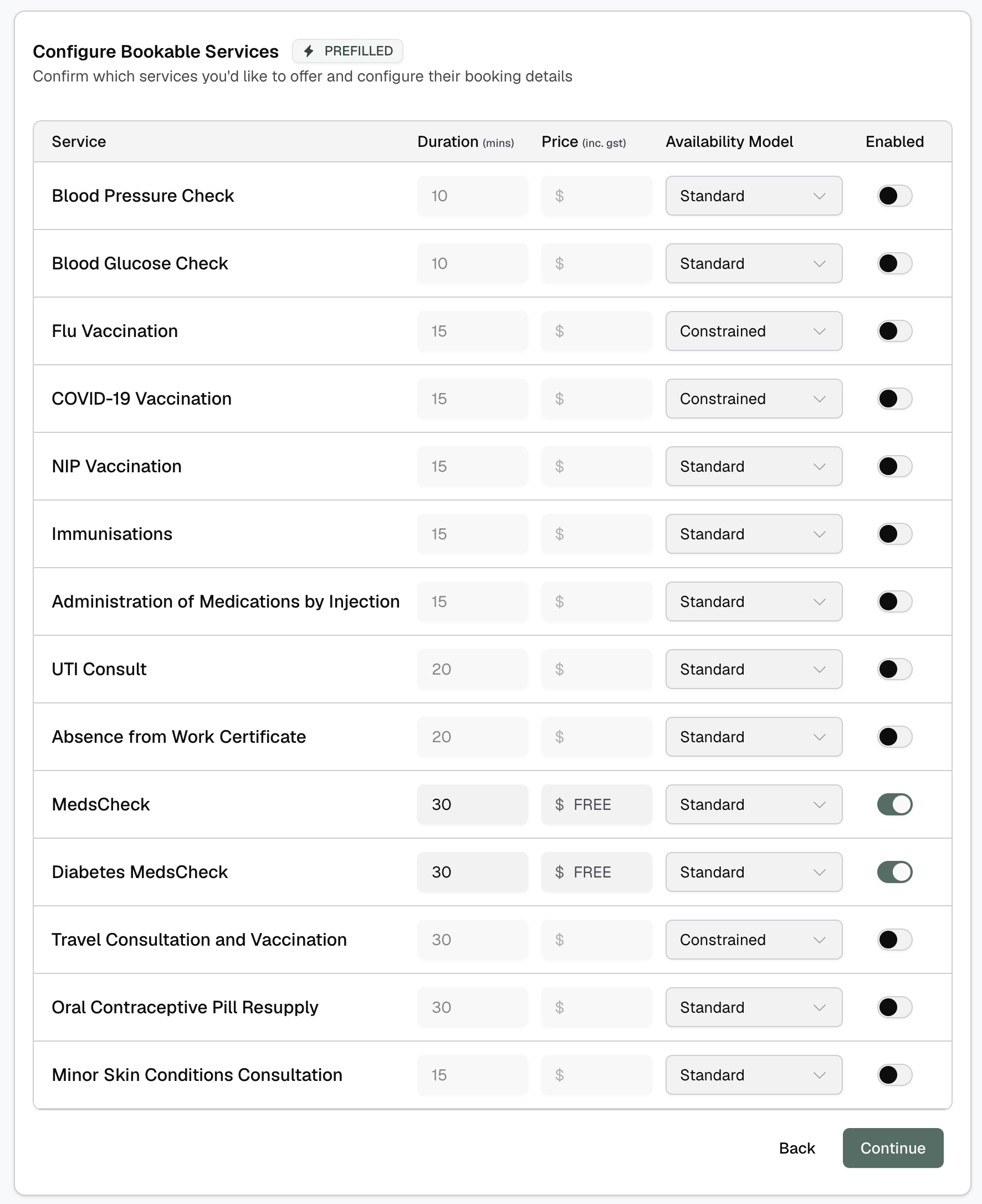 Configure services screen