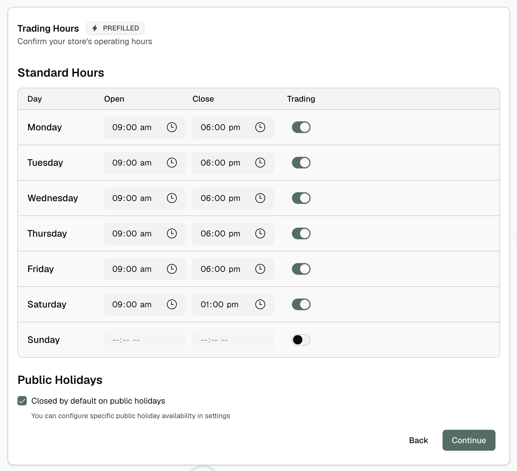 Trading hours screen