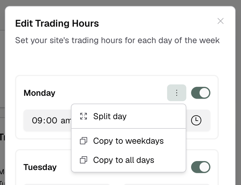 Trading hours day menu