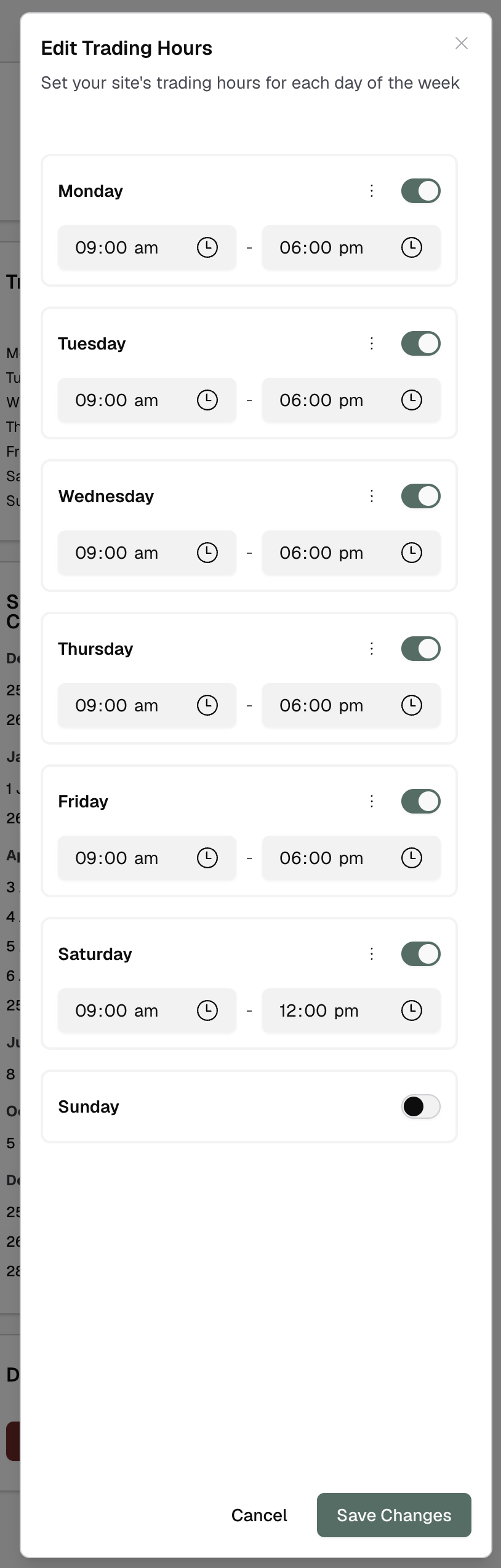 Edit trading hours dialogue