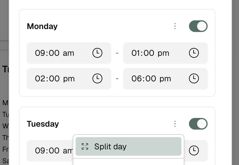 Trading hours split button
